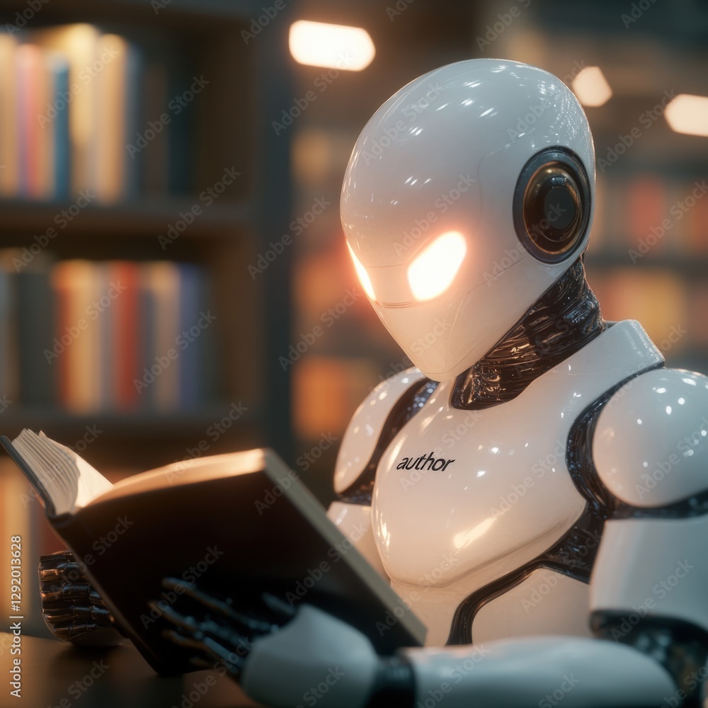 Robot reading a book in a library. Robot reading a book in a library.
