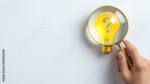 Hand examines question mark lightbulb, white background, problem solving