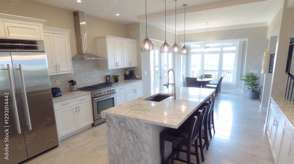 a stylish kitchen with a central marble island, modern hanging lights, stainless steel appliances, and a bright, open layout. a stylish kitchen with a central marble island, modern hanging lights, stainless steel appliances, and a bright, open layout.