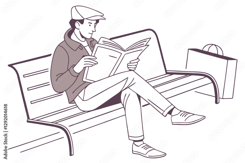 Man Sitting on Bench with Newspaper Vector Art Man Sitting on Bench with Newspaper Vector Art
