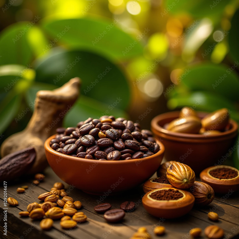 Fototapeta premium Ceremonial Cacao Chunks and Cocoa Beans Artfully Displayed on Rustic Wooden Table 
