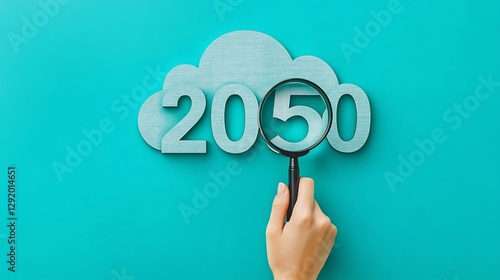 Hand examines 2050 cloud future vision on teal