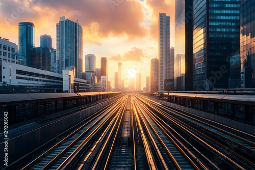 Sunset Over City Train Tracks with Warm Light and Modern Architecture