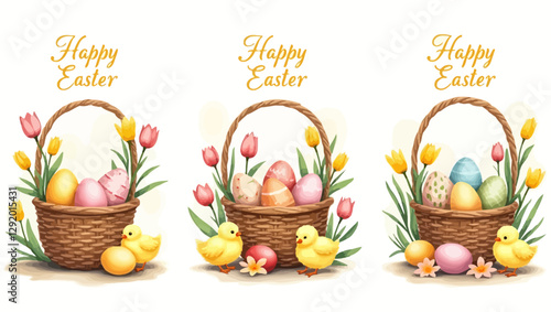  Three Easter baskets with pastel eggs, baby chicks, and fresh spring tulips, with "Happy Easter" text, creating a cozy and festive design.