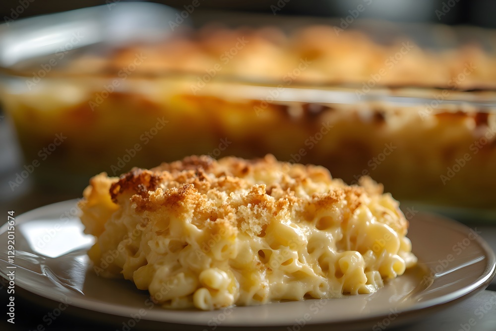 Golden baked mac and cheese with crispy topping, served on a plate with background Golden baked mac and cheese with crispy topping, served on a plate with background