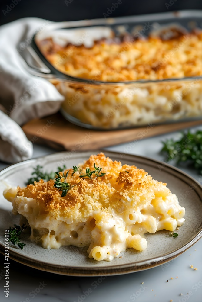 Golden Baked Mac and Cheese with Crispy Topping, Served on a Plate Golden Baked Mac and Cheese with Crispy Topping, Served on a Plate