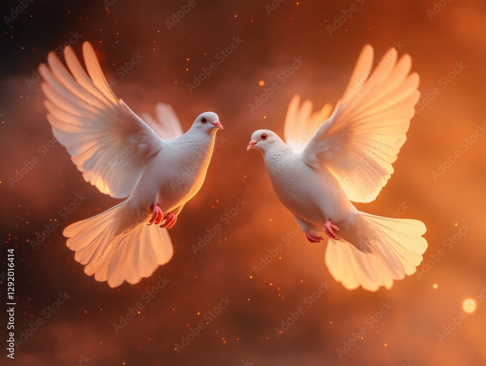 Fototapeta premium Two white doves flying on an orange-red background