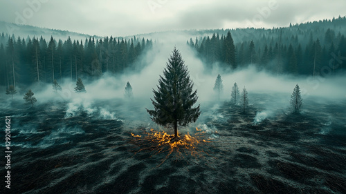 Up high drone like view of a single evergreen tree stands in the middle of a scorched forest as flames smolder around it. Concept of climate change, wildfire destruction, and environmental resilience. photo