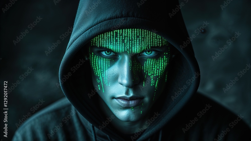 A figure wearing a dark hoodie stares intensely at the viewer, with green binary code reflecting on their face A figure wearing a dark hoodie stares intensely at the viewer, with green binary code reflecting on their face