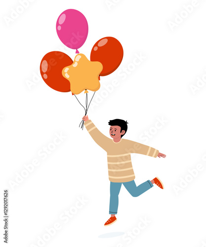 Child running joyfully while holding colorful balloons in a playful atmosphere