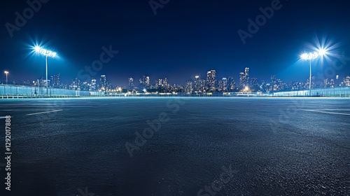 Empty parking lot at night with city skyline in the background. The background is blurry due to bright stadium lights.