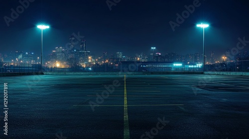 Empty parking lot at night with city skyline in the background. The background is blurry due to bright stadium lights.