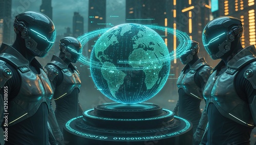 In a high-tech environment, a team of cyber security specialists examines a holographic globe displaying critical data protection information, emphasizing the importance of securing information