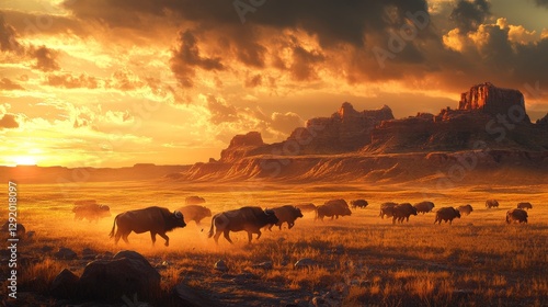 Golden plains at sunset with a herd of buffalos running across the land. Dramatic sky with rocky outcrops in the background. Great for design projects.