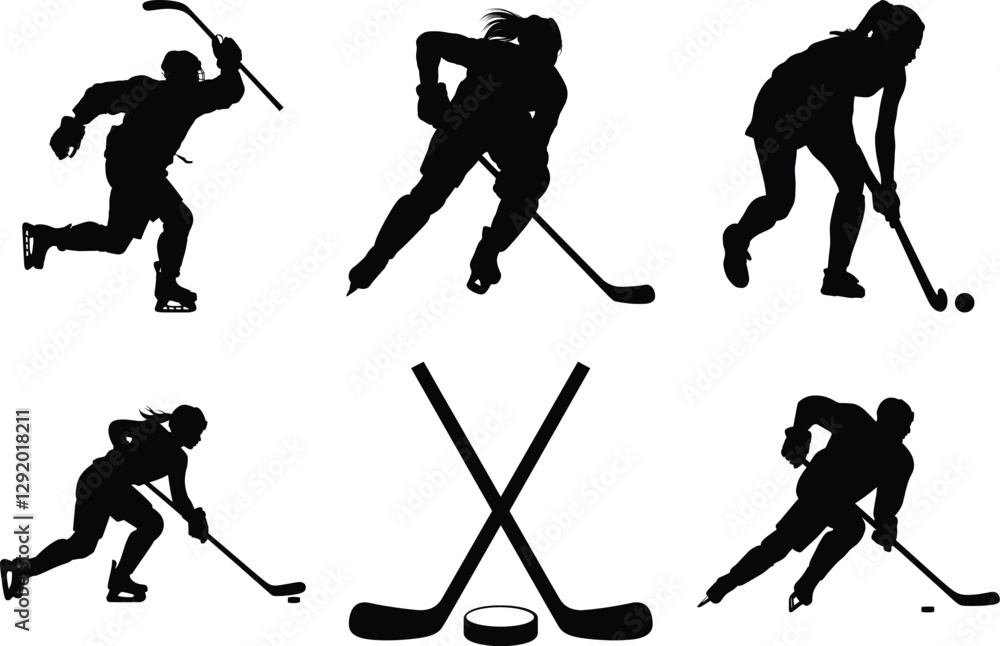 Obraz premium Collection of hockey player silhouette clipart bundle, isolated on white background. graphic vector illustration.