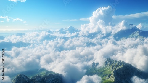 Peaceful mountain scene with a distant view from above the clouds, featuring a clear blue sky and fluffy white clouds. photo