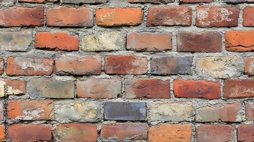 Vertical brick wall with various tiles as facade. Red brick wall backdrop. Texture of brick wall in background. Background texture of rugged brick wall.