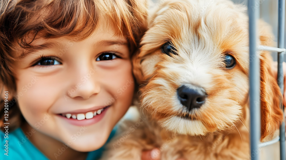 Excited child shares a heartfelt moment with a fluffy puppy, both beaming with happiness Excited child shares a heartfelt moment with a fluffy puppy, both beaming with happiness