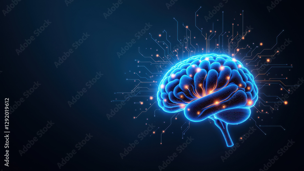 Artificial general intelligence represented by a 3D brain with digital fireworks on a dark background. Artificial general intelligence represented by a 3D brain with digital fireworks on a dark background.