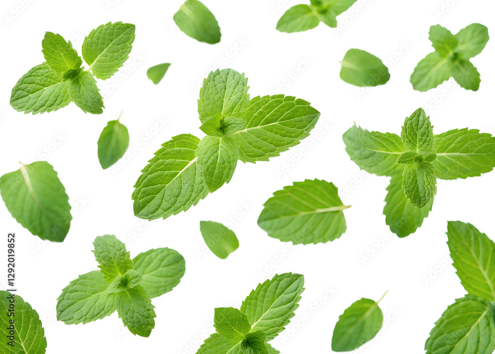 Flying mint leaves isolated on white, refreshing mint leaves in flight, Cut Out Flying mint leaves isolated on white, refreshing mint leaves in flight, Cut Out