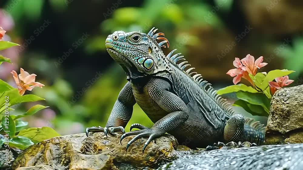 A vibrant iguana perched on rocks surrounded by flowers and a waterfall. A vibrant iguana perched on rocks surrounded by flowers and a waterfall.