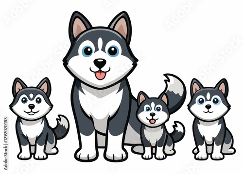 Adorable Alaskan Malamute: Cute Cartoon Dogs & Puppies in Playful Poses