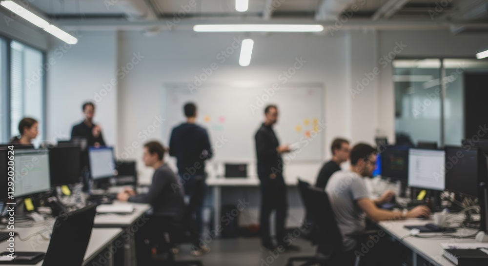 Fototapeta premium Blurred vision of collaborative workspace a modern office with focused teamwork