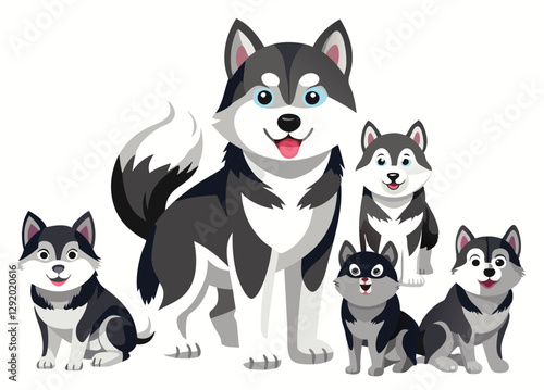 Adorable Alaskan Malamute: Cute Cartoon Dogs & Puppies in Playful Poses