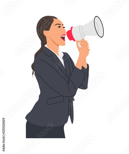 Young business woman shouting through megaphone, making announcement. Internet advertisement, marketing, social media, network promotion. Realistic vector illustration isolated