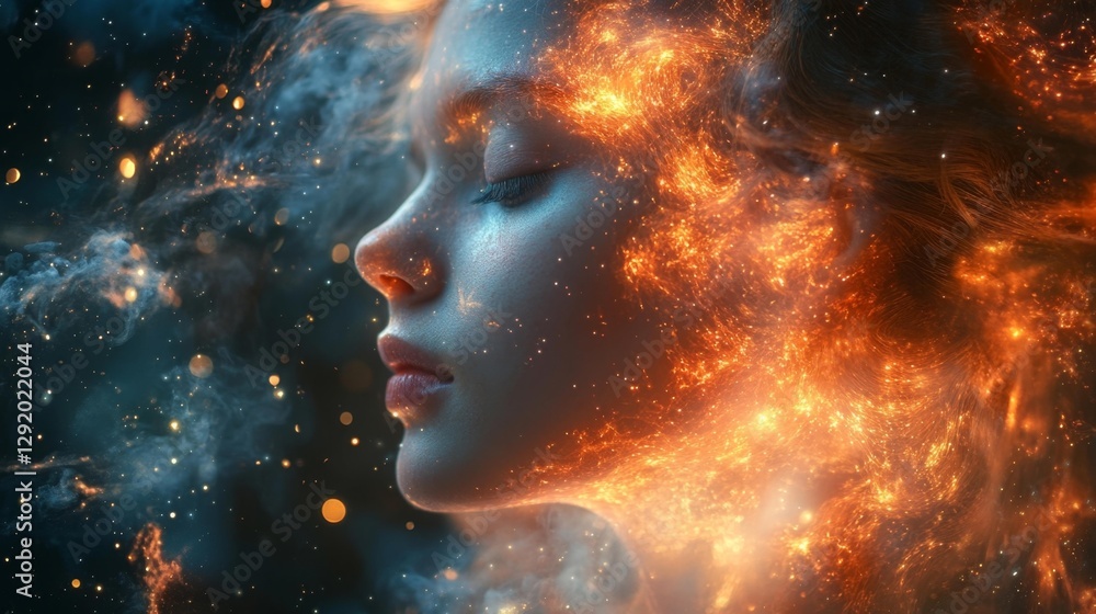 Close-up of a woman with fiery abstract smoke forming around her head signifying intense thought. Generative AI Close-up of a woman with fiery abstract smoke forming around her head signifying intense thought. Generative AI