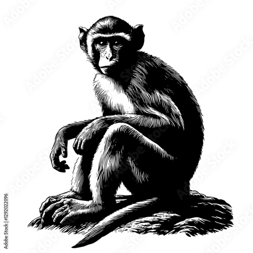 Monkey on a Rock - Detailed Black and White Illustration