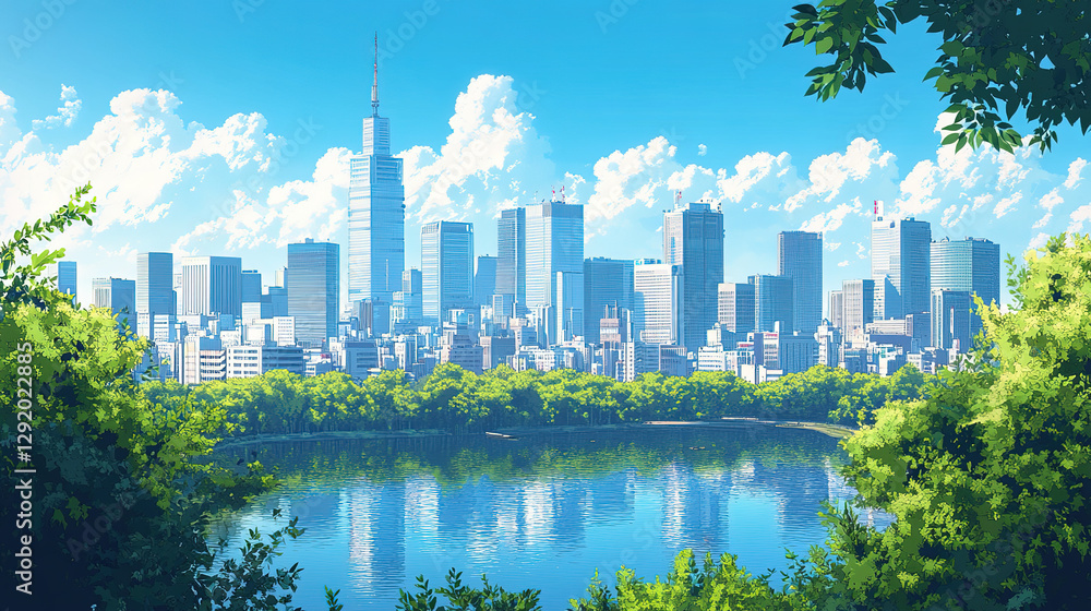 Fototapeta premium Urban skyline reflection tokyo digital art daytime panoramic view cityscape imagery