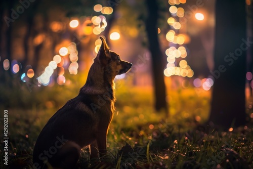 Fotografie Dog gazes thoughtfully at illuminated park during evening stroll under glowing l
