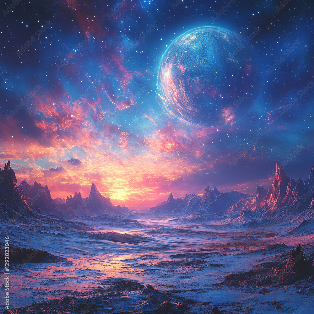 Naklejka premium Cosmic sunset over alien landscape extraterrestrial planet digital art fantasy wide angle otherworldly beauty