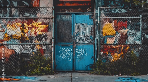 Chain-link fence yard door in an urban setting with graffiti. 