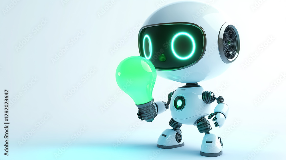 Funny little robot with a leaf in his hand as a sign of ecology, environment, climate change, economy and resources Funny little robot with a leaf in his hand as a sign of ecology, environment, climate change, economy and resources