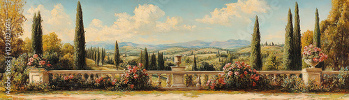 Scenic view of rolling hills and cypresses italian countryside landscape painting sunny day panoramic perspective