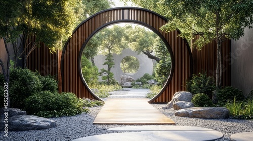 Chinese wooden moon gate leading into a Zen garden.