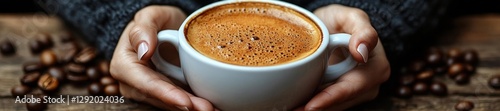 Person Holding a Cup of Hot Coffee with Coffee Beans on Wooden Surface. Generative AI photo