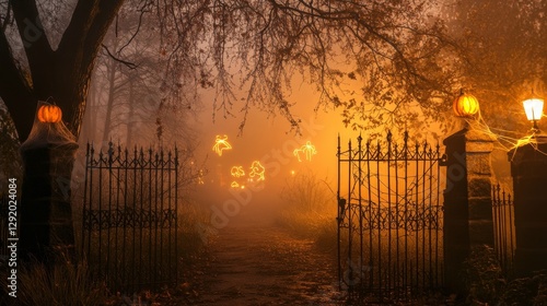 Halloween yard gate with spiderwebs, eerie lighting, and a foggy background. 