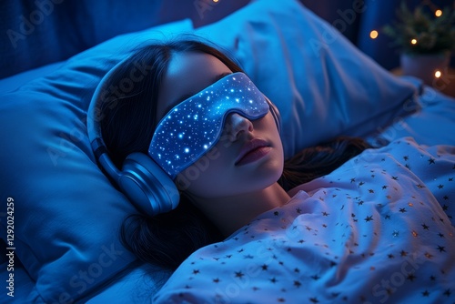 Woman sleeping with blue sleep mask and noise-cancelling headphones