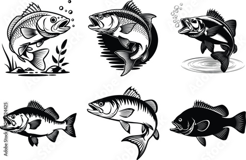 Set of fishing bass silhouette SVG bundle design of a fisherman fishing on a boat vector art illustration isolated on white background. 