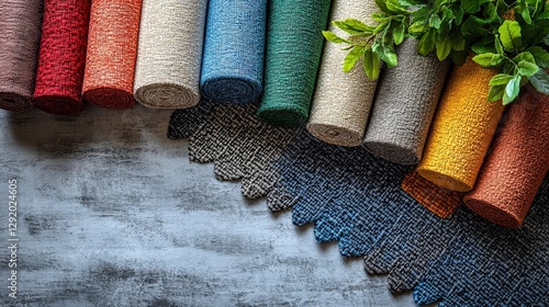 Colorful fabric rolls arranged neatly on a textured surface with greenery in the background photo