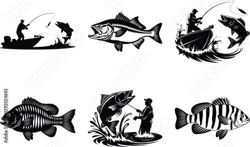 Set of fishing bass silhouette SVG bundle design of a fisherman fishing on a boat vector art illustration isolated on white background. 