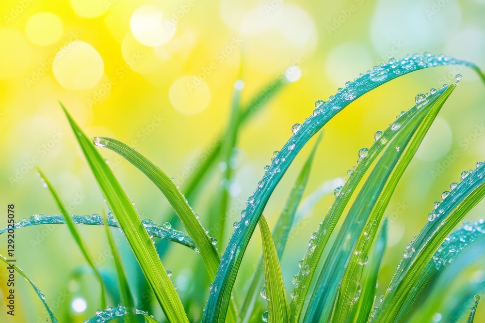 Fototapeta premium In the soft focus of a macro close-up, delicate dew droplets sparkle on young, juicy grass in the sunlight, showcasing beautiful light green colors and a serene natural setting