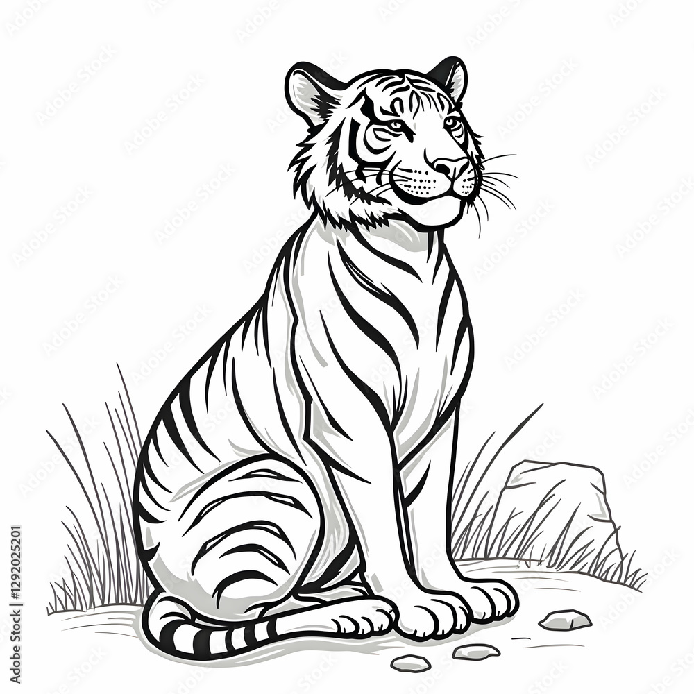 Obraz premium Tiger Sitting with Curled Tail Line Art