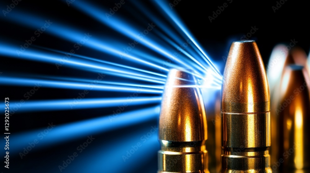 Close-up of metallic bullets emitting blue light beams against a dark background, highlighting their design Close-up of metallic bullets emitting blue light beams against a dark background, highlighting their design