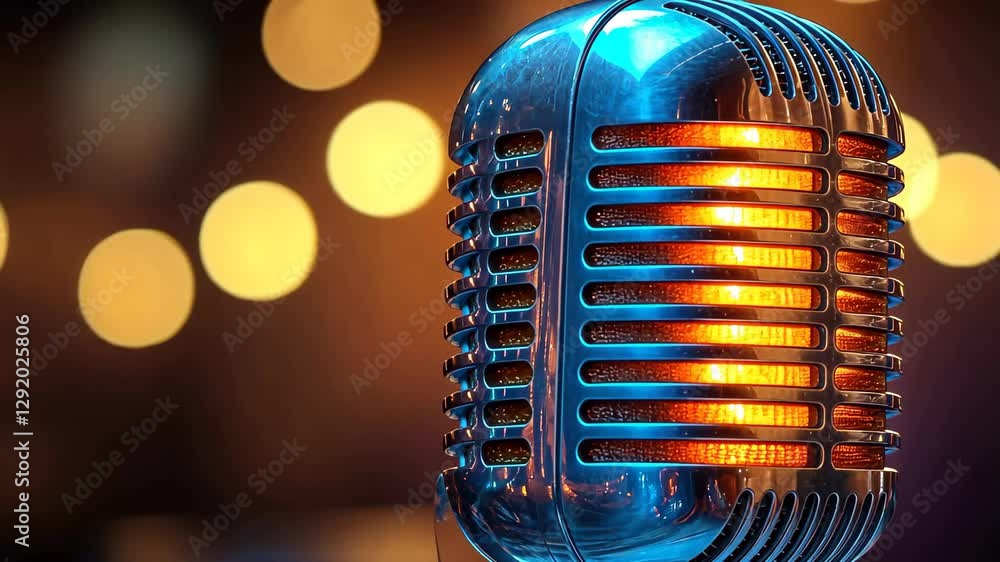 Vintage microphone glowing warmly in a lively venue with blurred lights during an evening gathering