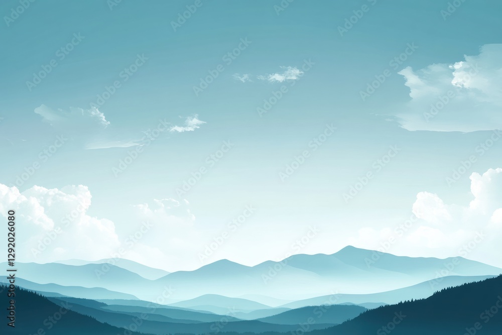 Obraz premium Distant mountain ranges stretch across a tranquil sky at dawn with soft clouds and a calming blue hue. Generative AI