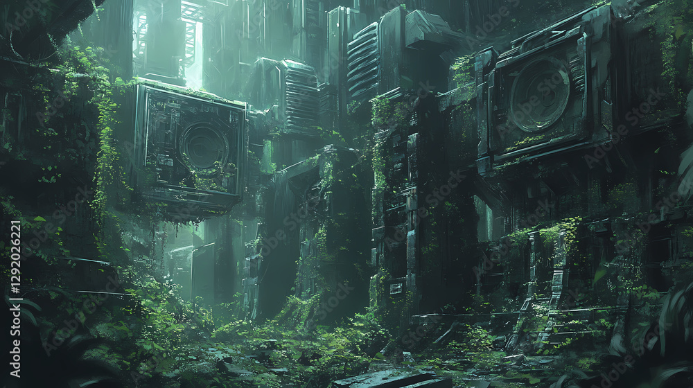 Fototapeta premium Overgrown vines entwine broken machinery in this eerie, futuristic setting. Overgrown Cyber Ruins. Illustration